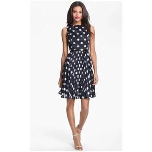Adrianna Papell Burnout Navy White Polka Dot Fit and Flare Pleated Dress 6